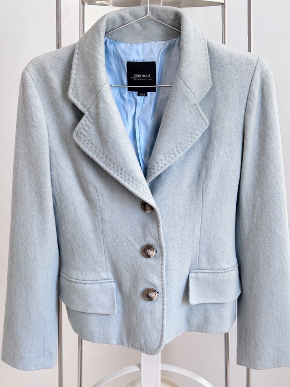 Vintage70% Wool Cropped Blazer Jacket Baby Blue Tailored Coat Korea